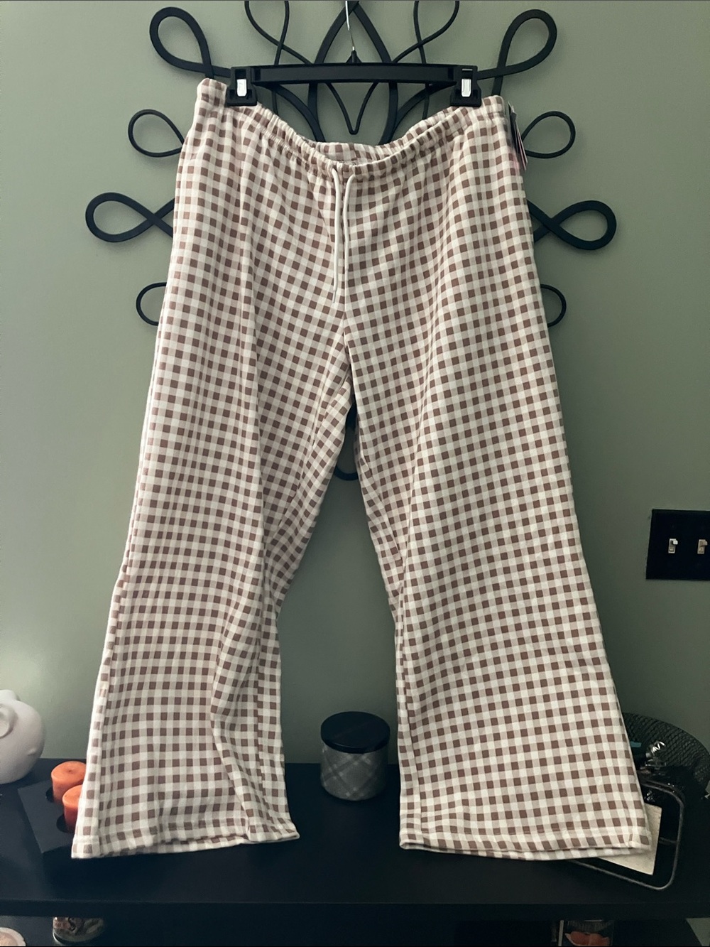 Grayson Threads Cream and Brown Gingham Wide-Leg Pants